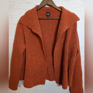 Eileen Fisher Burnt Orange Open Front Oversized Merino Wool Blend Cardigan Med